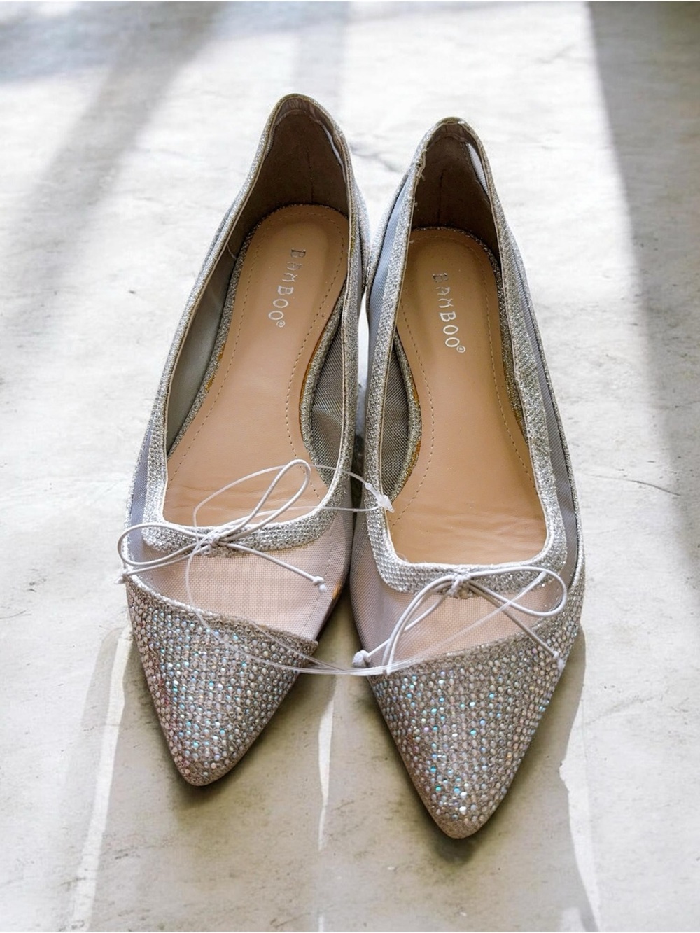 BAMBOO Silver Sparkle Pointed Toe Flats with Bow